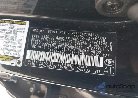 2005 Toyota Corolla S from USA, damaged, VIN 2T1BR32E55C369846